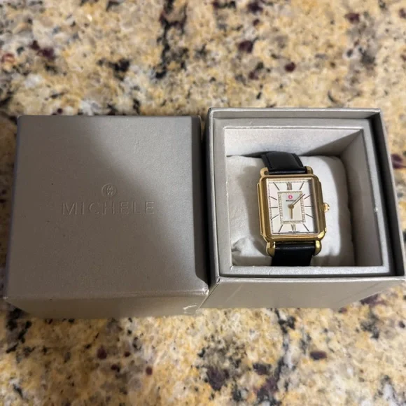 MICHELE Deco II Mother of Pearl Diamond 18K Gold Plated Leather Band Watch - Picture 6 of 15